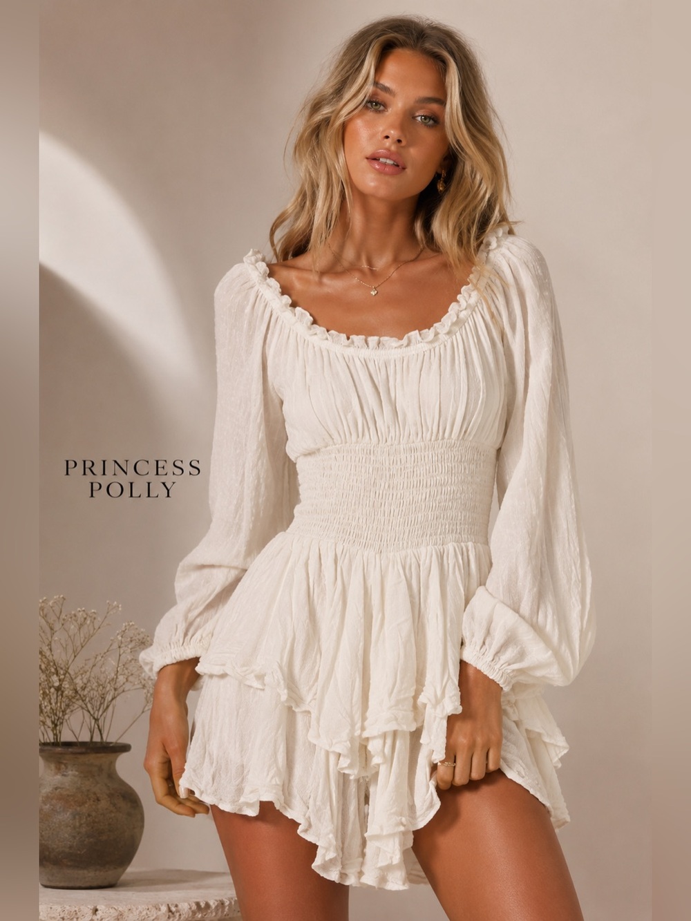 Princess Polly Love Galore Mini Romper 12 Ivory Swiss Dot Smocked Puff Sleeve O